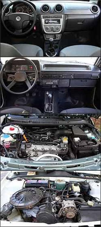 Modelo atual tem at comandos de som no volante. Painel simples e volante de aro muito fino era tendncia em 85. Motor 1.6 a lcool tem menor potncia e fica na posio longitudinal, o que diminui o espao interno, e o propulsor flex est na transversal.