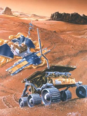 Ilustração mostra a Sojourner deixando a estação Pathfinder, em Marte(foto: Nasa/Divulgação) Ilustração mostra a Sojourner deixando a estação Pathfinder, em Marte(foto: Nasa/Divulgação)