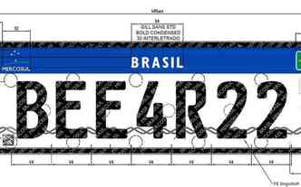 Modelo do padro Mercosul ter fundo branco com a parte superior com uma faixa azul, com o lado esquerdo possuindo o logotipo do Mercosul, o lado direito a bandeira do Brasil(foto: Denatran / Divulgao)