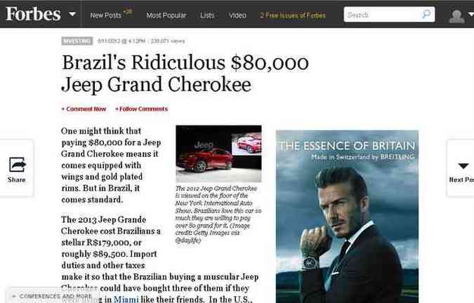 Segundo artigo, com o que paga por um Grand Cherokee no Brasil, consumidor poderia comprar trs unidades do mesmo modelo nos EUA(foto: Reproduo da Internet)