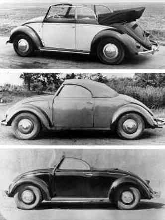 Acima um conversível 1949; seguido por uma unidade de 1946 construída especialmente para um militar britânico; por fim, modelo conversível fabricado pela Hebmüller(foto: Volkswagen/Divulgação)