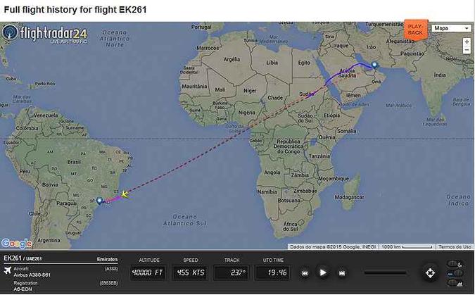 Mapa de voo da rota feita pelo A380 de Dubai para São Paulo(foto: Reprodução/Flight Radar) Mapa de voo da rota feita pelo A380 de Dubai para São Paulo(foto: Reprodução/Flight Radar)