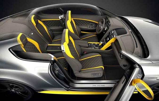 Parte interna é ressaltada pelos assentos em couro com costuras e detalhes em contrastes(foto: Bentley/Divulgação) Parte interna é ressaltada pelos assentos em couro com costuras e detalhes em contrastes(foto: Bentley/Divulgação)
